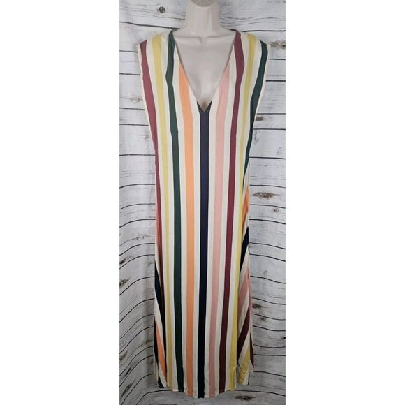Tularosa Dresses & Skirts - Tularosa Multi Rainbow Striped Dress M Midi Cap Sleeve Long V-neck Rayon